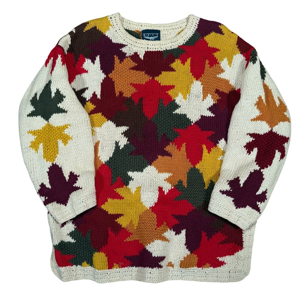 Vintage Fall Leaf Sweater Autumn Maple 80s 90s Ramie Knit BEST American L
